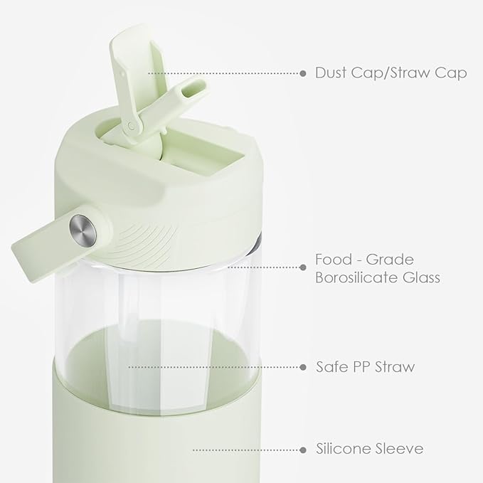 Glass Water Bottle with Silicone Sleeve and Straw Lid 20oz for Girls Women, Glass Drinking Bottles for Travel Home Gym Sports (Pistachio Mist)