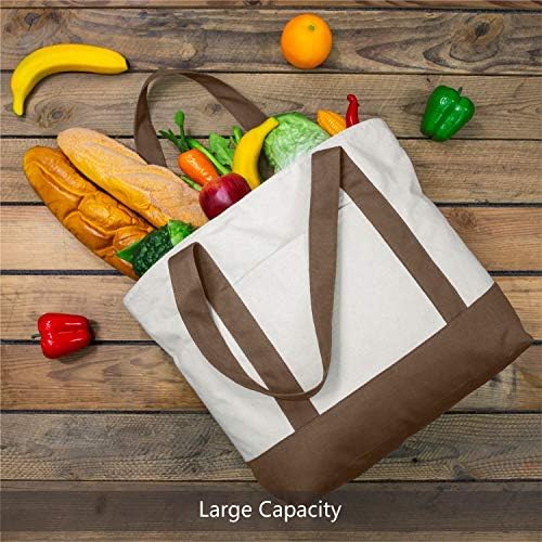 TOPDesign 6-Pack Canvas Tote Bags with an External Pocket, Reusable Grocery Shopping Bags, Top Zipper Closure, Daily Essentials (Brown/Natural) - Image 3
