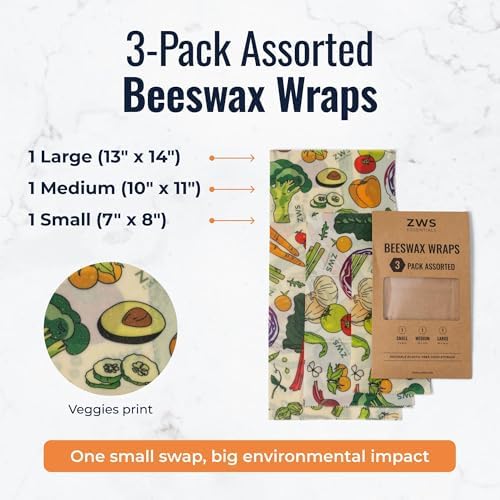 Beeswax Wraps, Reusable Cotton Food Storage Set for Kitchen, Lunch, Bread, Snacks, Bowls. Eco-Friendly Plastic-Free Alternative. 3-Pack Assorted - Veggies by Zero Waste Store - Image 4