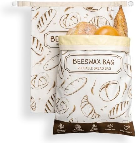 Beeswax Bread Bag, Reusable Bread Bags for Homemade Bread, 2 Pack Beeswax Bread Bags for Sourdough, Natural Cotton Sourdough Bread Bag, Large Capacity by Unknown