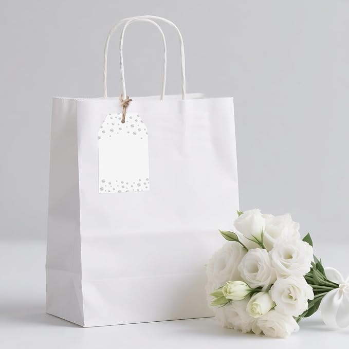 Anwyll Gift Tags with String - 100Pcs Silver Foil Confetti Polka Dot Gift Bag Tags Personalized White Blank Hanging Paper Label Tag for Birthday Party Bridal Shower Wedding Christmas Favors Present