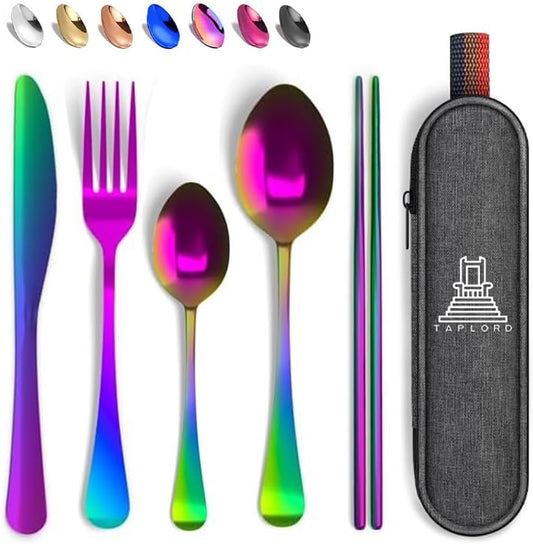 Taplord Portable Travel Silverware Set With Case, Includes 5 Pcs of Travel Utensils With Case, Stainless Steel Flatware Set For Camping, Easy to Travel, Lightweight (Multi) by Taplord