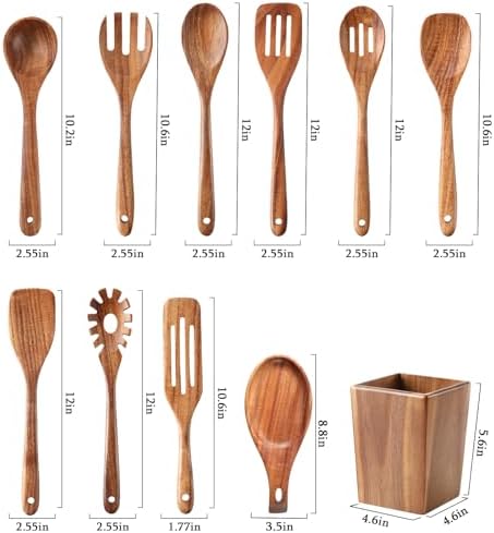 Wooden Spoons for Cooking, 11 Pcs Wood Cooking Utensils Set with Holder, Natural Acacia Wooden Kitchen Tools, Nonstick Cookware, Easy Clean, Kitchen Utensil Set for Mom, Wife Cooking Gifts - Image 2