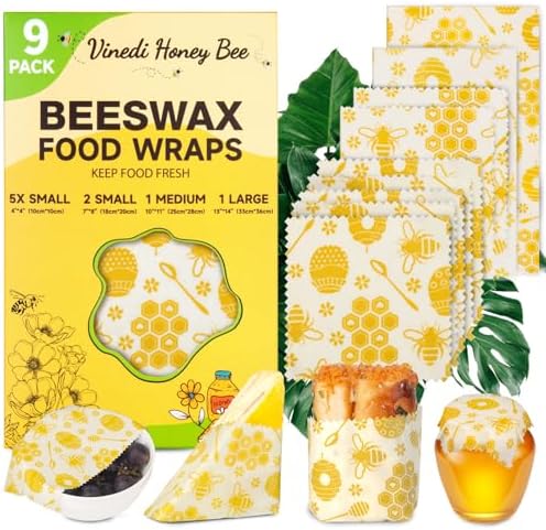 Reusable Beeswax Food Wraps, 9 Pack - Assorted Sizes (XS,S, M, L) | Organic Cotton, Eco Friendly, Plastic Free | Honeycomb Design (Orange) by VINEDI