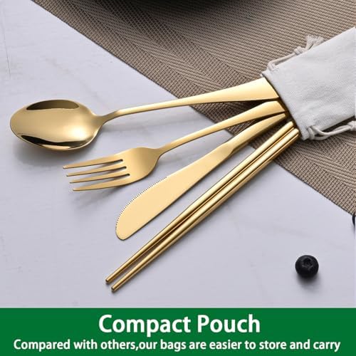 DEHOV Gold Travel Utensils Set With Pouch,Outdoor Camping Silverware Set For Picnic Gadgets,Set Of 5 Portable Cutlery Spoon And Fork Set With Case For Dining - Image 4