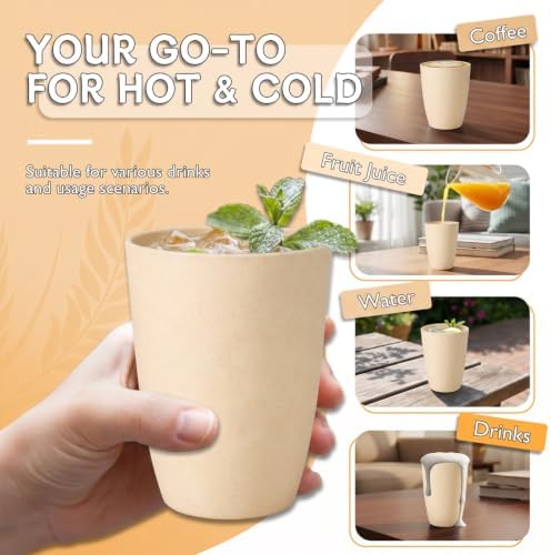 Wrova Wheat Straw Cups 6 PCS Good Alternative to Plastic Reusable Cups 12 oz Unbreakable Drinking Cup Reusable Dishwasher Safe Water Plastic Glasses Beige - Image 4