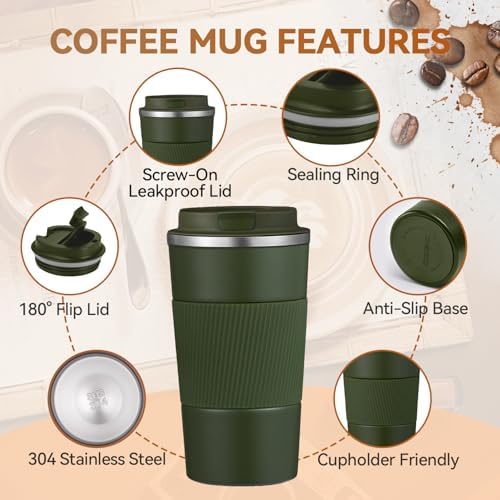 12OZ Travel Coffee Mug Insulated Coffee Cup with Spill Leak Proof Lid, Portable Stainless Steel Tumbler Reusable Hot and Cold Water Mug for Car, Daily, Camping- Military Green - Image 5