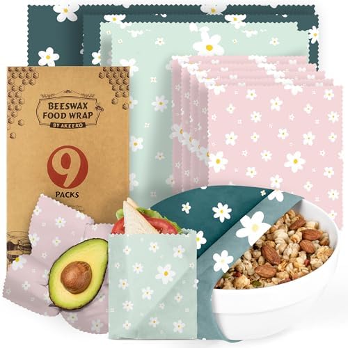 Akeeko Reusable Beeswax Food Wraps - Assorted 9 Packs, Reusable, Plastic-Free Food Storage, 5 Small, 2 Medium, 1 Large, 1 Extra Large Wraps with Boho Flowers Pattern by Akeeko