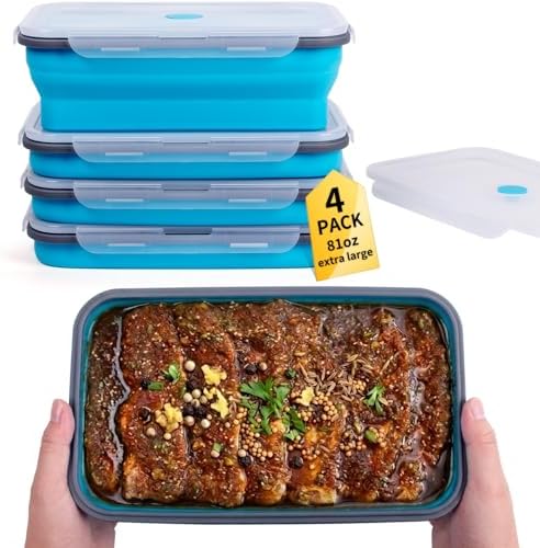Extra Large Collapsible Food Storage Containers with Lid & Air Vent, 81 oz, 4 Pack, XXL Collapsible Marinade Container BBQ Prep Foldable Silicone Containers, Microwave Freezer Dishwasher Safe, Blue by Annaklin
