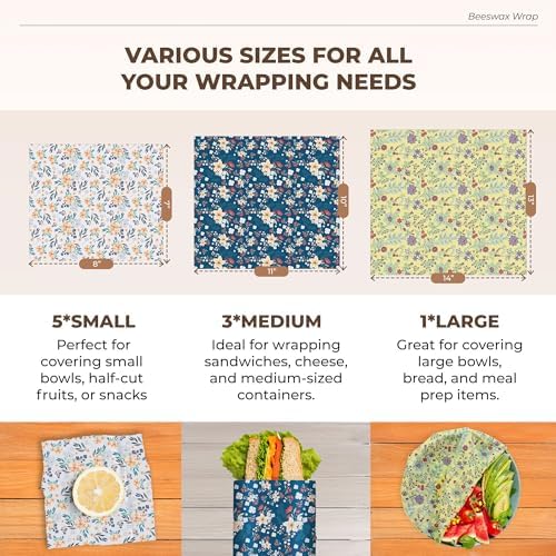 Reusable Beeswax Food Wraps 9-Pack | Organic Eco-Friendly Sustainable Plastic-Free for Sandwiches, Bread, Produce & Leftovers | Zero Waste Food Storage Variety Pack (1XL, 3M, 5S) - Image 4