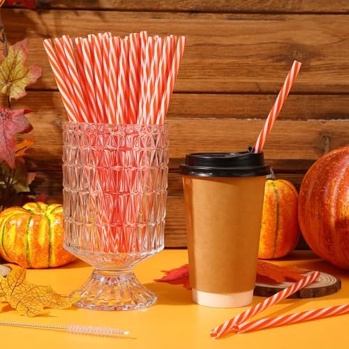 JANYUN 30 Pcs Reusable Orange and White Striped Straws with Cleaning Brush - Image 6