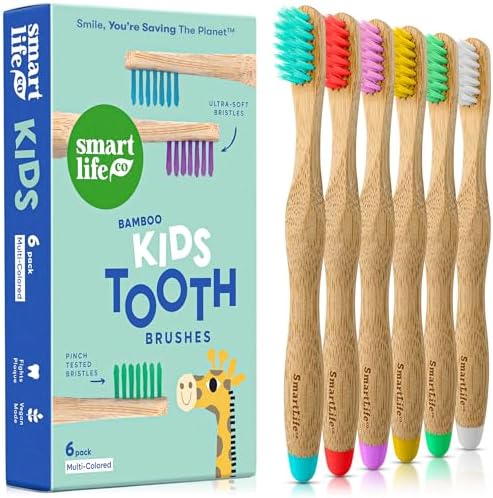 SmartLifeco Kids Bamboo Toothbrushes (6 Pack) - Extra Soft Bristles for Toddlers Teeth | Zero Waste Tooth Brushes for Children | Natural Wooden Child Size Handle | BPA Free, Eco-Friendly by SmartLifeco