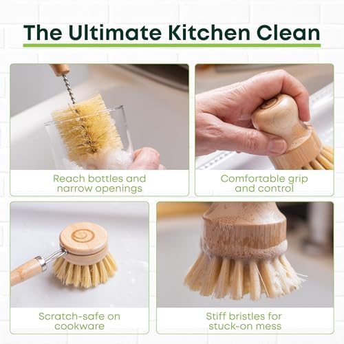 Tieralia Bamboo Dish Brush Set 5 Piece – Eco Friendly Kitchen Cleaning Kit with Bottle Brush, Long Dish Brush, Palm Scrubber & 2 Plant-Based Sponges | Plastic-Free Natural Dish Scrubber - Image 3