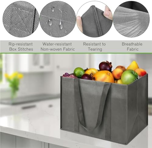 LadyRosian Reusable Grocery Bags Extra Large Foldable Shopping Bags 10 Pack Heavy Duty Kitchen Tote Bags with Handle Can Hold 45+lbs, Stands Upright, Foldable & Washable (Grey) - Image 4