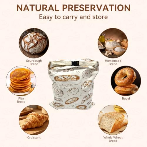 2 Pack Beeswax Bread Bags for Sourdough - 17"x13" Reusable Homemade Bread Keeper Storage Set with 2 Beeswax Food Wraps, Double Seal Zipper & Snap Buckle, Flippable Cleanable Liner, Freezer Safe - Image 4