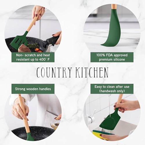 Country Kitchen Non Stick Silicone Utensil Set with Rounded Wood Handles for Cooking and Baking, 14 Piece Set, Green - Image 4