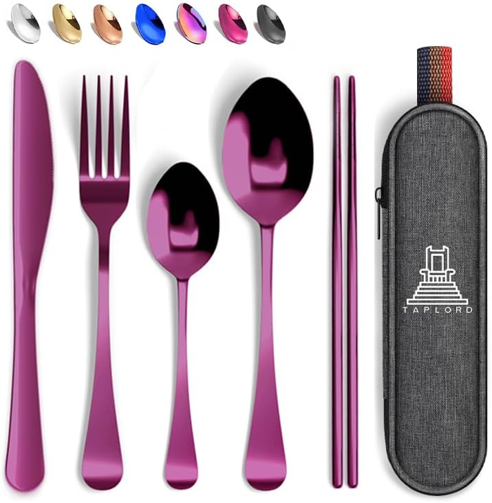 Taplord Portable Travel Silverware Set With Case, Includes 5 Pcs of Travel Utensils With Case, Stainless Steel Flatware Set For Camping, Easy to Travel, Lightweight (Purple), Medium, TL-05P by Taplord