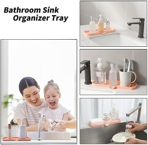 MicoYang Silicone Soap Dish with Drain Spout — Self-Draining Double Sink Organizer Tray for Kitchen & Bathroom, Dispensers, Sponges & Soap Holder, Non-Slip & Dishwasher Safe, Pink (Large, 12"×4") - Image 4