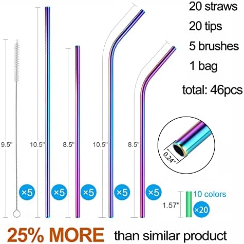 20 Pcs Rainbow Color Reusable Stainless Steel Straws,10.5" & 8.5" Reusable Drinking Straws with 20 Silicone Tips 5 Straw Brushes 1 Travel Case,Eco Friendly Extra Long Metal Straw for 20 30 oz Tumbler - Image 2