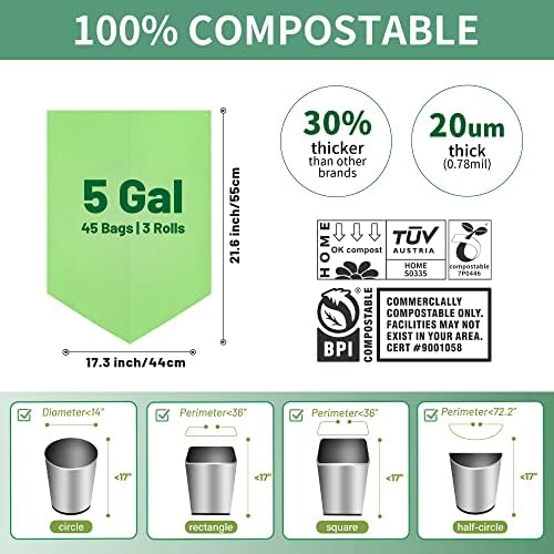 5 Gallon Trash Bags Compostable Compost Small Garbage Bag Extra Thick 0.78 Mil for Kitchen Bathroom BPI Certified 45 Counts, Green - Image 3