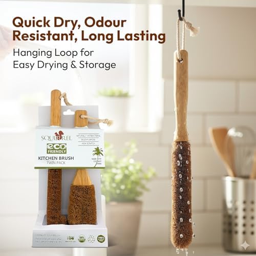 Eco-Friendly Kitchen Cleaning Brush (Twin Pack) - Wood Dish Brush with Coconut Fiber Bristles & Wooden Handle. Kitchen Brush for Bottles, Jars, Mugs, Glassware, and Cup Brush Cleaner - Image 4