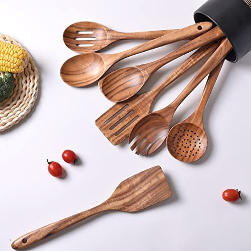 Gudamaye 13 inch Long Wooden Utensils for Cooking, Long Handle Wooden Spoons for Cooking, 7 PCES Crafting Wooden Spoon Set, Wooden Kitchen Utensil set, Natural Teak Wooden utensil Set - Image 3