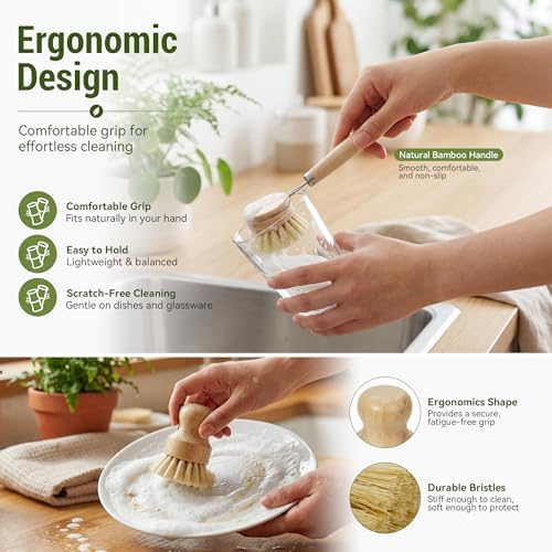 DEBETOOL 6-Piece Bamboo Dish Brush Set with Vegetable Brush - Image 5