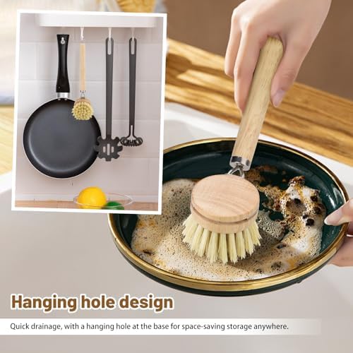 Dish Brush with Handle, Replaceable Natural Bamboo Vegetable Brush with 5 Sisal Brush Heads and Hanging Hook, Multipurpose Kitchen Scrubber for Pots, Pans and Cutting Boards (Natural Wood Colour) - Image 7