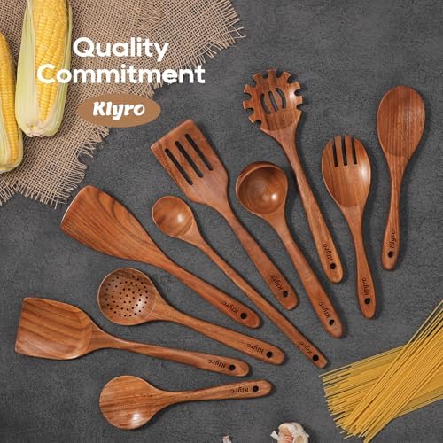 Teak Wooden Cooking Utensils Set, 10 Piece Premium Kitchen Cookware, Non-Scratch Wooden Spoons for Cooking, Perfect for Cooking and Serving - Image 7