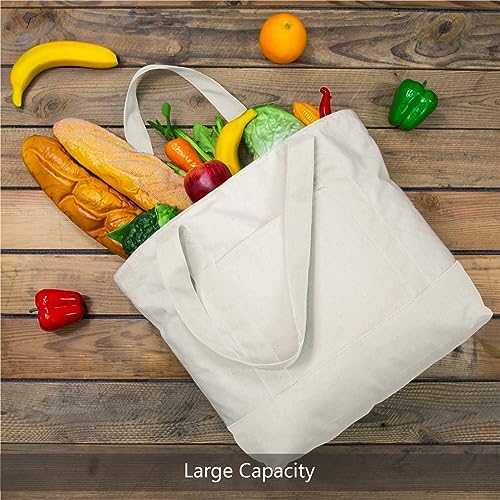 TOPDesign 3-Pack Canvas Tote Bags with an External Pocket, Reusable Grocery Shopping Bags, Top Zipper Closure, Daily Essentials (Natural) - Image 3