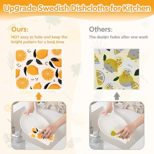 Lucomb 10 Pack Swedish Dishcloths Washable, Reusable Swedish Cloths Biodegradable Kitchen Towels with Hanging Clips, Cellulose Cotton Blend, Lemon Prints - Image 5