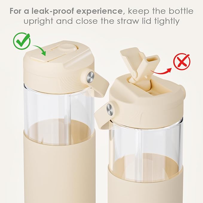 Glass Water Bottle with Silicone Sleeve and Straw Lid 20oz for Girls Women, Glass Drinking Bottles for Travel Home Gym Sports (Buttermilk)