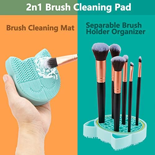 TailaiMei 2 in 1 Makeup Brush Cleaning Mat With Drying Holder, Silicon Cat Shaped Cleaner Pad, Cosmetic Organizer Rack, Portable Washing Tool for Makeup (Green) - Image 2