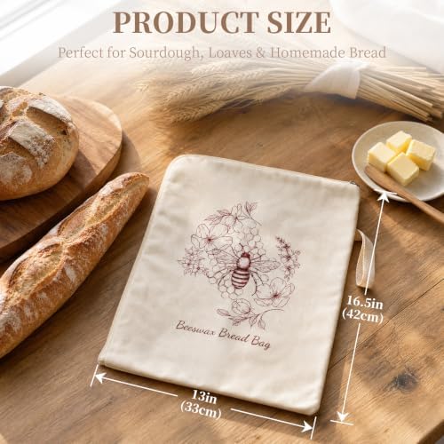 Beeswax Sourdough Bread Bags with Wide Zipper Access, 2 Pack XL 13" x 17" Reusable Linen Cotton Bread Bags for Homemade Bread, Helps Maintain Crust & Freshness (Double-Sided Print Design) - Image 2