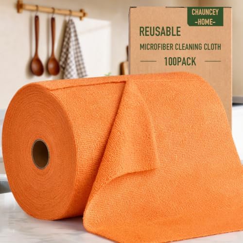 Microfiber Cleaning Cloth Roll–100 Pack, Tear Away Microfiber Towels, Reusable, Washable, Scratch-Free, Kitchen Towels for Car, Home, Kitchen, Glass, Dishes(Honey Orange) by CHAUNCEYHOME