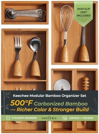 keechee 5-Piece Bamboo Drawer Organizer Set, 2.2" Deep Multi-Use Organizers for Utensils, Silverware, Cutlery, Desk, Bathroom, Junk Drawer & Makeup, Non-Slip Feet Included. by Keechee