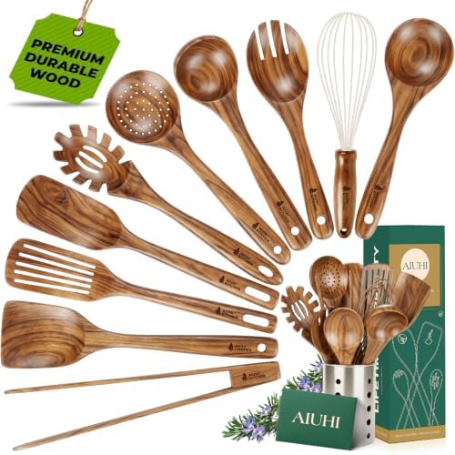 AIUHI 11-Piece Natural Teak Wood Kitchen Utensil Set with Holder, Wooden Spoons and Cooking Utensils for Nonstick Cookware, Includes Spatulas, Ladle and Whisk by AIUHI