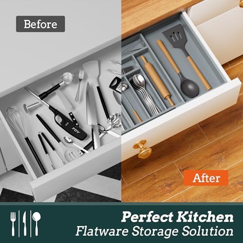 Magnetic Expandable Silverware Drawer Organizer, 13 Slots Utensil Gray - Image 7