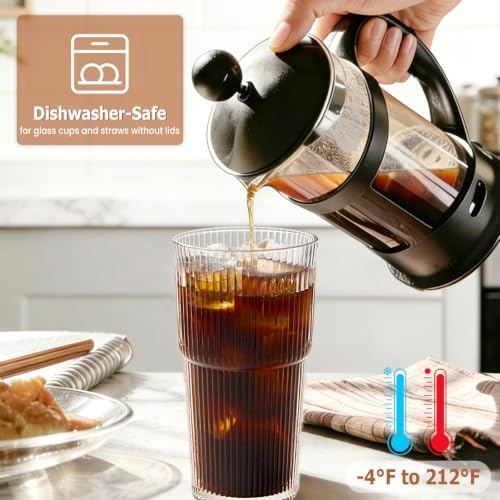 TUZAZO 20 Oz Ribbed Glass Coffee Tumblers with Lids and Straws, 4 Pack - Image 5