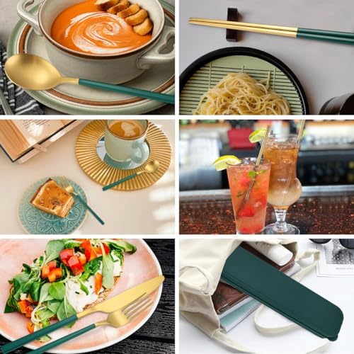 AARAINBOW 6 Pieces Stainless Steel Flatware Set Portable Reusable Cutlery Set Travel Utensils Set Including Chopsticks Knife Fork Spoon Straws Cleaning Brush Dishwasher Safe (B-Green golden) - Image 3