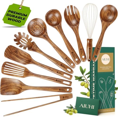 AIUHI 10Pcs Wooden Kitchen Utensils, Teak Wood Utensil Set for Kitchen, Heat-resistant Wooden Spoons for Cooking, Nonstick Wood Spatula Soup Ladle Tong Egg Whisk by AIUHI