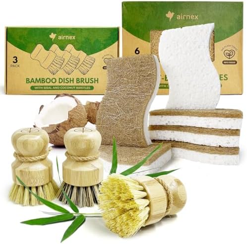 Bamboo Dish Brush Set of 3 and Natural Kitchen Sponges Pack of 6 - Plant-Based Kitchen Cellulose & Coconut Dish Scrubber Sponges with Dish Brush Bamboo with Sisal and Coconut Bristles, 2 Brush Types by Airnex