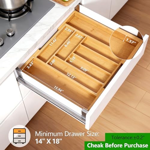 Pipishell Bamboo Expandable Silverware Drawer Organizer, Adjustable Kitchen Utensil Tray for Forks, Spoons and Knives, Wood Storage Cutlery Holder for Bedroom and Living Room - Image 2