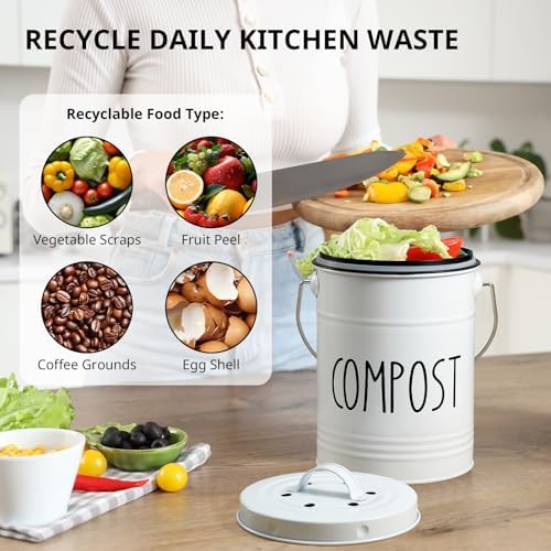 Kitchen Compost Bin, 1 Gallon Countertop Compost Bin with Lid, Indoor Compost Bucket, Includes Inner Bucket Liner and Carbon Filters, White - Image 3