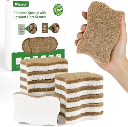 Silkyhose 12Pack Wave-Edge Cellulose Coconut Sponges, Non-Scratch Cleaning by Silkyhose
