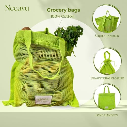 100% Cotton Set Of 2 Mesh Grocery Bag | Eco-Friendly Cotton Market Bags For Vegetable Shopping | Multi-Purpose Portable Cotton Market Bags with Reinforced Edges (Kiwi Green) (Kiwi Green) - Image 3