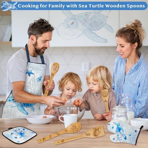 8 PCS Ocean Bamboo Kitchen Cooking Utensil Spoon Set with Apron Oven Mitt Potholder,Gift for Women Coastal Decor Beach Theme Kitchen Decorations,Sea Turtle Lovers,Housewarming,Birthday,Easter - Image 4