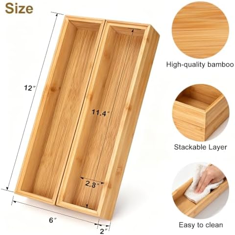 Kitchen Bamboo Drawer Organizer Set of 2, Small Narrow Stackable Drawer Organizer for Silverware, Utensils, Cutlery, Flatware, Junk Drawer, Dresser, Bathroom, 12" x 3" x 2" - Image 3