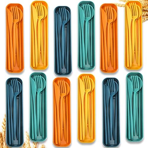 12 Sets Reusable Travel Utensils Set with Case (Knife, Fork, Spoon, Chopsticks), Wheat Straw Portable Plastic Camping Cutlery, Lunch Tableware for Kids Adults Daily Use, Gifts for Office Christmas by Tessco