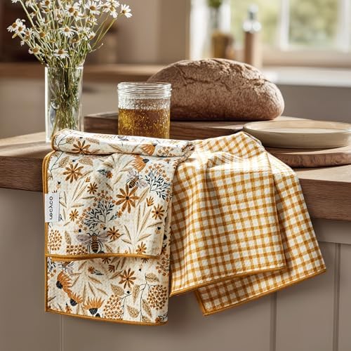 RECYCO Waffle Kitchen Towel Set of 2 - Quick Dry Microfiber Sustainable Dish Towels - Ultra Absorbent Reusable Cleaning Tea Towels - Lightweight Hand Towels,16”x 28”, Joyful Bees by RECYCOHOMECOLLECTION